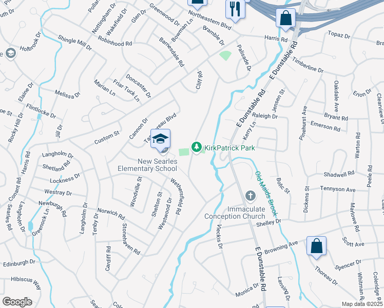 map of restaurants, bars, coffee shops, grocery stores, and more near 39 Shady Lane in Nashua