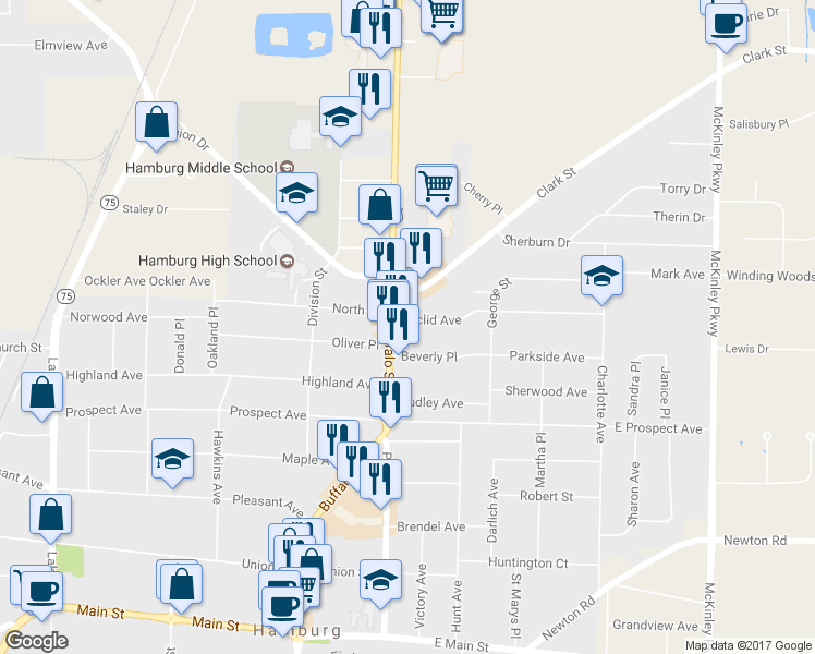 map of restaurants, bars, coffee shops, grocery stores, and more near 11 Euclid Avenue in Hamburg