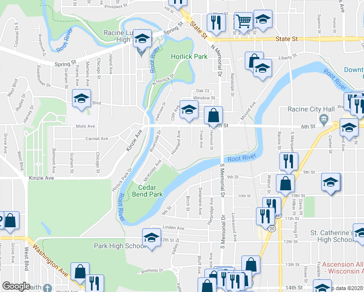 map of restaurants, bars, coffee shops, grocery stores, and more near 209 Howland Avenue in Racine