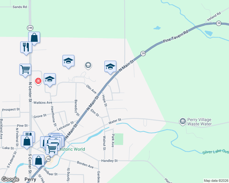 map of restaurants, bars, coffee shops, grocery stores, and more near 2 Genesee Street in Perry