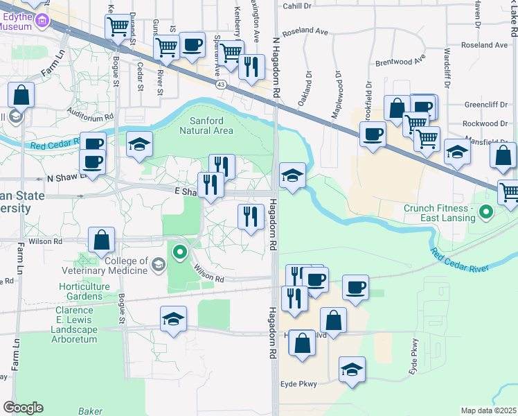 map of restaurants, bars, coffee shops, grocery stores, and more near 121 Hubbard Rd in East Lansing