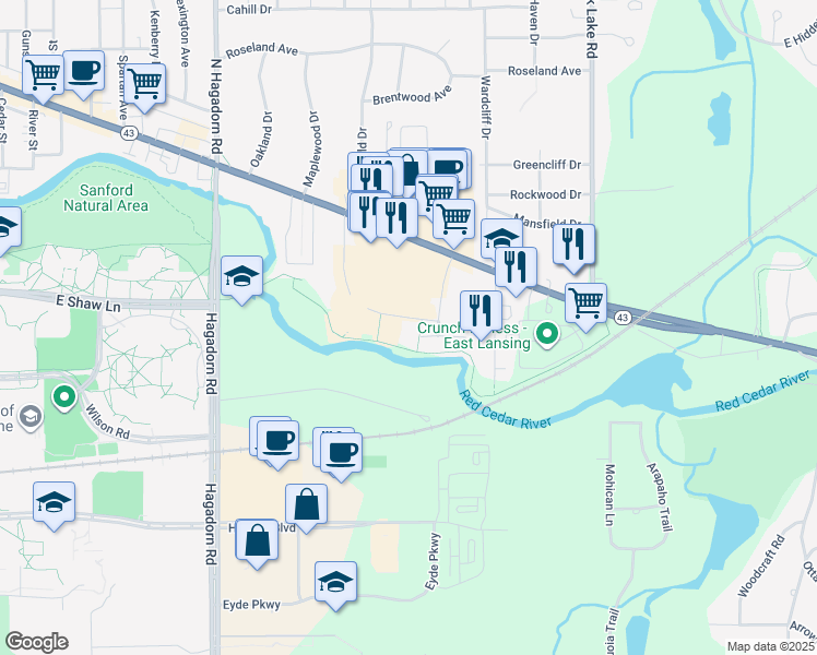 map of restaurants, bars, coffee shops, grocery stores, and more near 2815 Northwind Drive in East Lansing