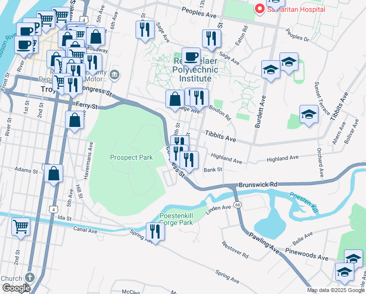 map of restaurants, bars, coffee shops, grocery stores, and more near 1 14th Street in Troy