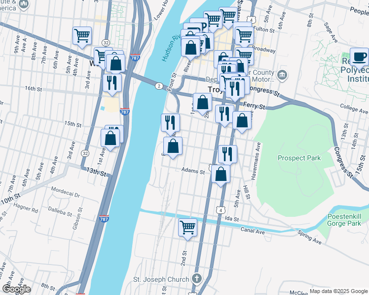 map of restaurants, bars, coffee shops, grocery stores, and more near 32 River Street in Troy