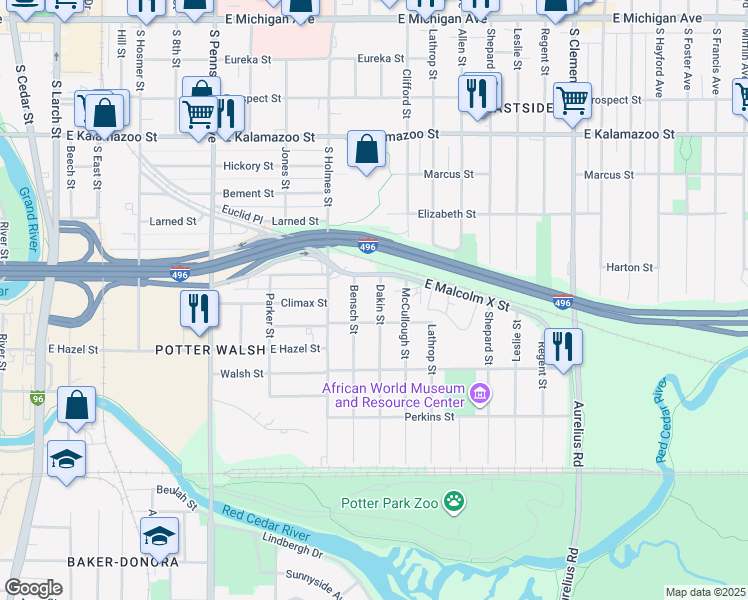 map of restaurants, bars, coffee shops, grocery stores, and more near 928 Dakin Street in Lansing