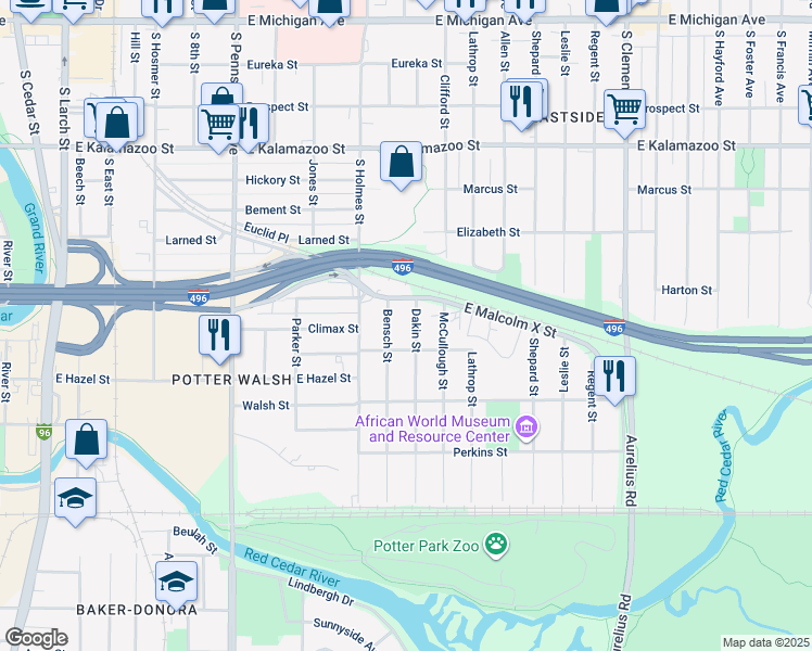map of restaurants, bars, coffee shops, grocery stores, and more near 928 Dakin Street in Lansing