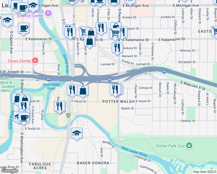 map of restaurants, bars, coffee shops, grocery stores, and more near 1002 Raider Street in Lansing