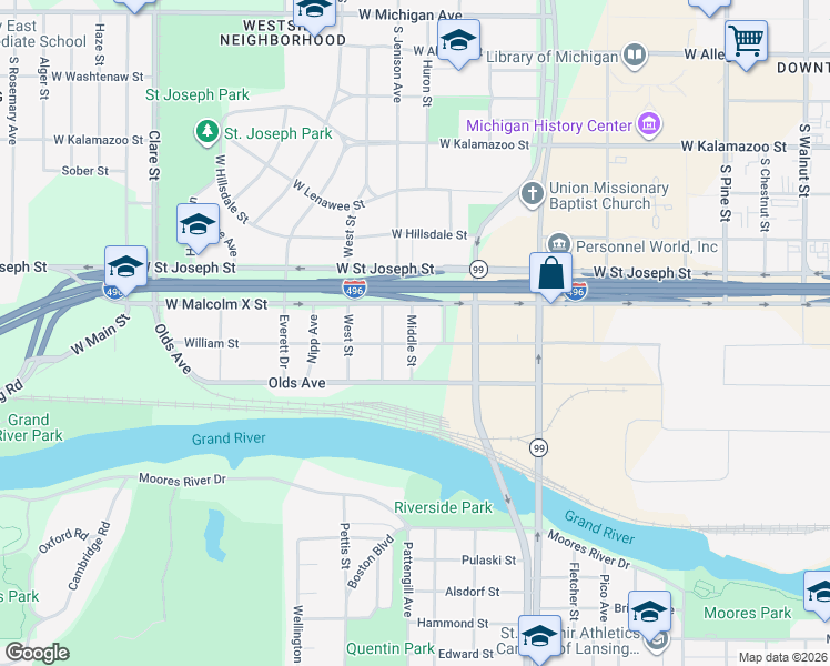 map of restaurants, bars, coffee shops, grocery stores, and more near 1408 William Street in Lansing