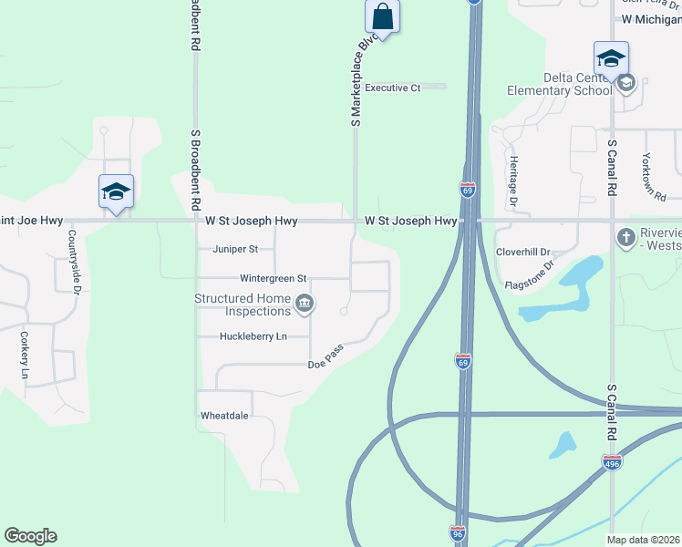map of restaurants, bars, coffee shops, grocery stores, and more near 8321 Wintergreen Street in Lansing