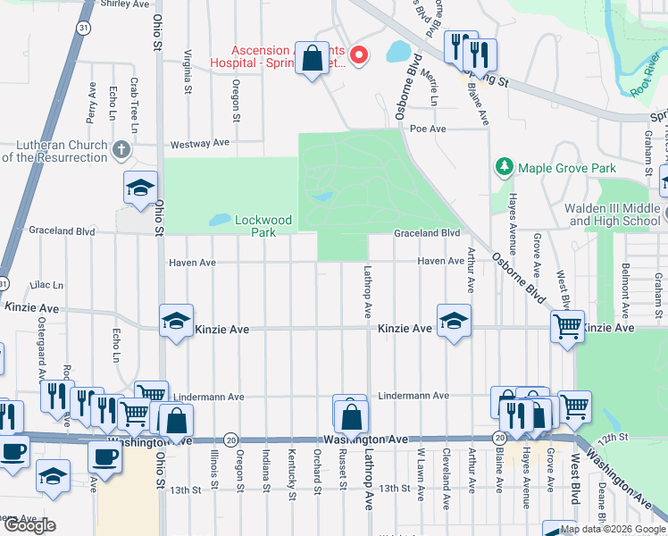 map of restaurants, bars, coffee shops, grocery stores, and more near 712 Russet Street in Racine