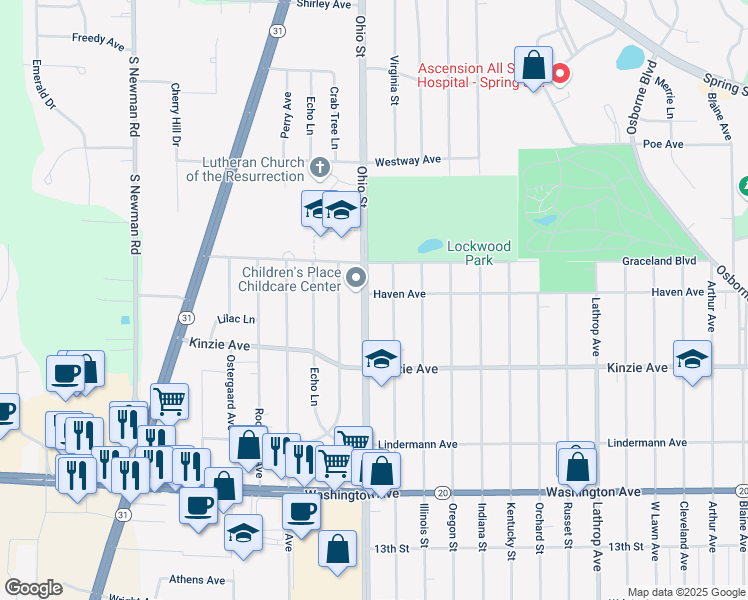 map of restaurants, bars, coffee shops, grocery stores, and more near 707 Ohio Street in Racine