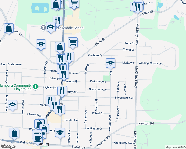 map of restaurants, bars, coffee shops, grocery stores, and more near 38 Parkside Avenue in Hamburg