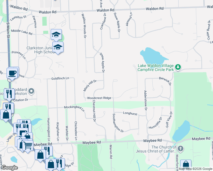 map of restaurants, bars, coffee shops, grocery stores, and more near 5945 Snow Apple Drive in Clarkston
