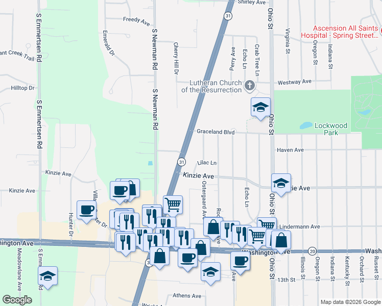 map of restaurants, bars, coffee shops, grocery stores, and more near 645 South Green Bay Road in Mount Pleasant