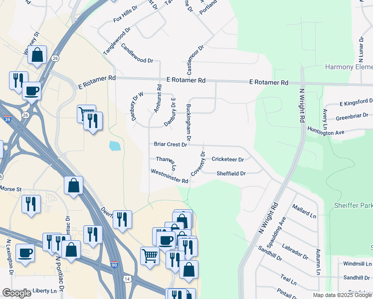 map of restaurants, bars, coffee shops, grocery stores, and more near 3276 Briar Crest Drive in Janesville