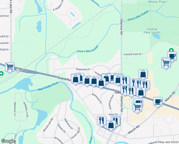map of restaurants, bars, coffee shops, grocery stores, and more near 4960 Sioux Way in Meridian Charter Township