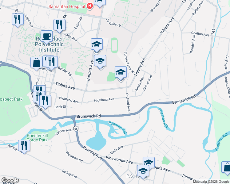 map of restaurants, bars, coffee shops, grocery stores, and more near 1901 Highland Avenue in Troy
