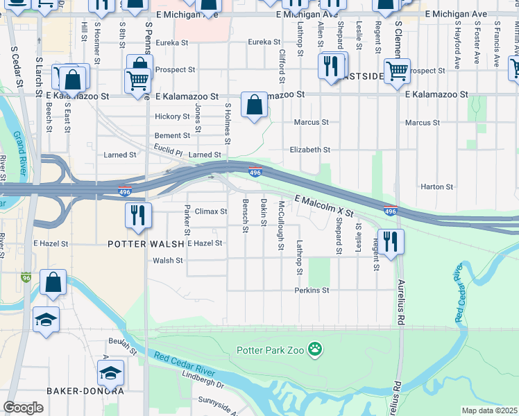 map of restaurants, bars, coffee shops, grocery stores, and more near 928 Dakin Street in Lansing