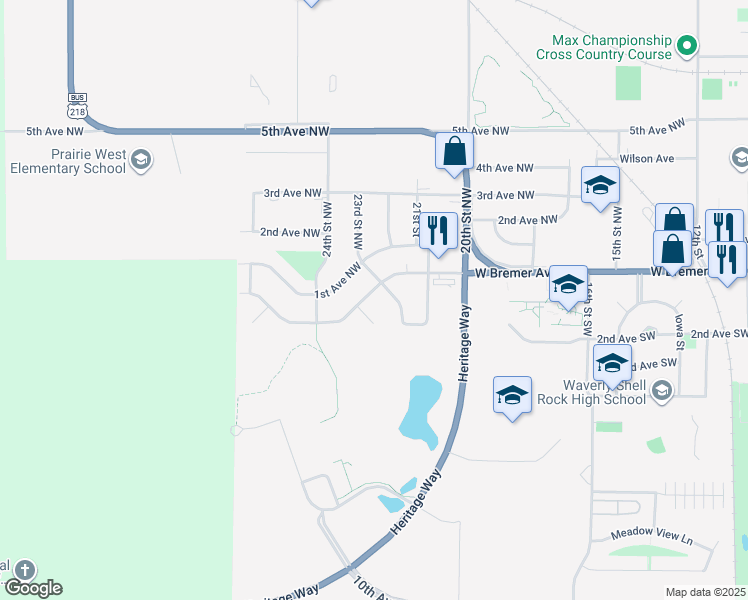 map of restaurants, bars, coffee shops, grocery stores, and more near 2303 West Bremer Avenue in Waverly