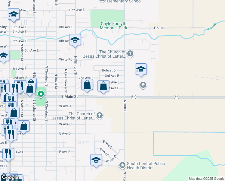 map of restaurants, bars, coffee shops, grocery stores, and more near 908 East Main Street in Jerome