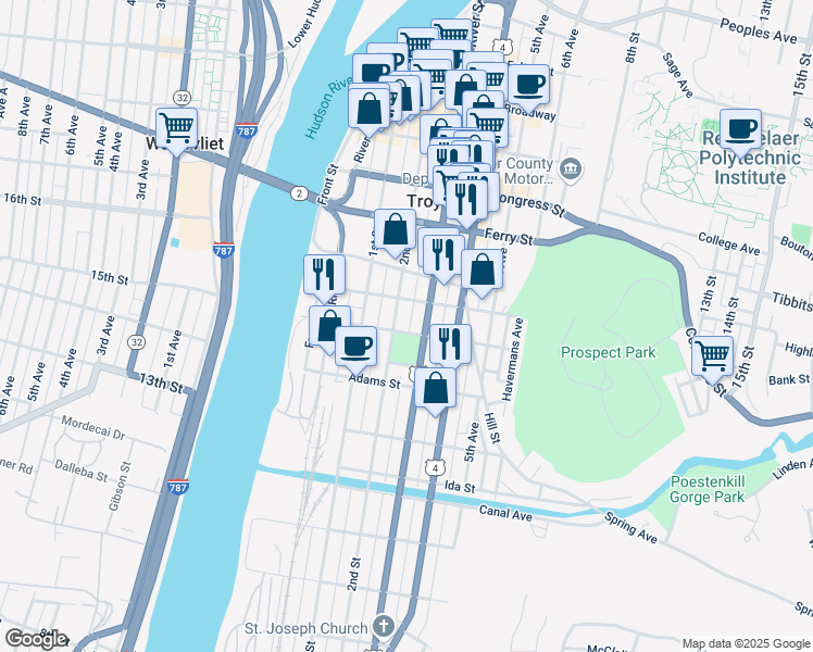 map of restaurants, bars, coffee shops, grocery stores, and more near 204 Washington Street in Troy