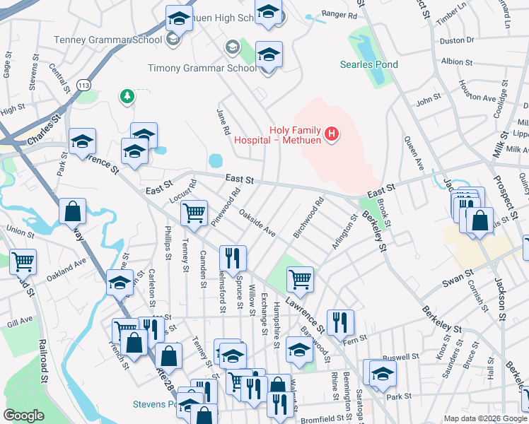 map of restaurants, bars, coffee shops, grocery stores, and more near 52 Kenwood Road in Methuen