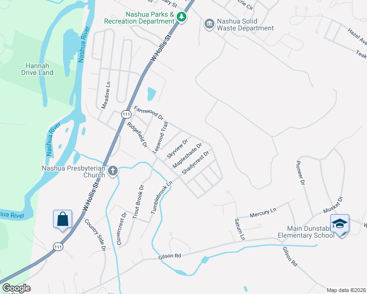 map of restaurants, bars, coffee shops, grocery stores, and more near 12 Mapleshade Drive in Nashua