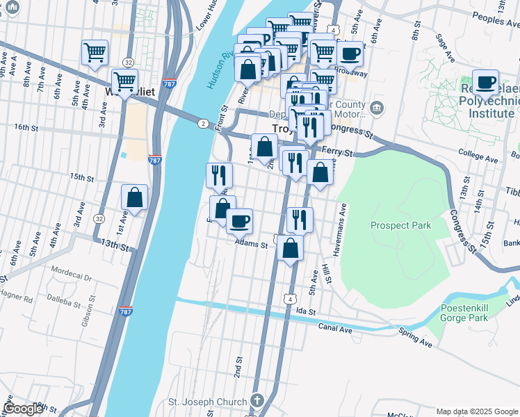 map of restaurants, bars, coffee shops, grocery stores, and more near 183 2nd Street in Troy