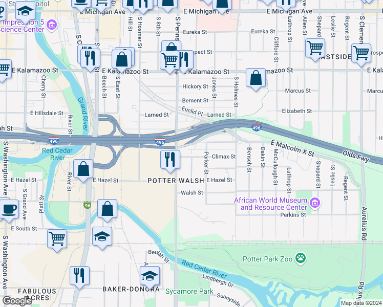 map of restaurants, bars, coffee shops, grocery stores, and more near 1002 Morgan Street in Lansing