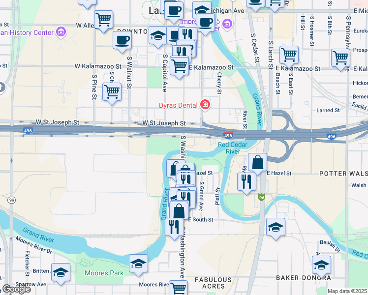 map of restaurants, bars, coffee shops, grocery stores, and more near 112 Malcolm X Street in Lansing