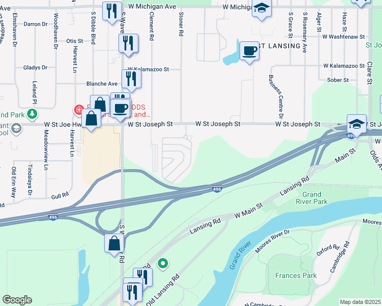 map of restaurants, bars, coffee shops, grocery stores, and more near 733-927 Valley Ho Drive in Lansing