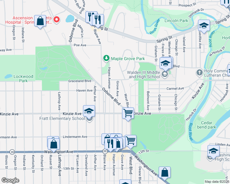 map of restaurants, bars, coffee shops, grocery stores, and more near 3224 Osborne Boulevard in Racine