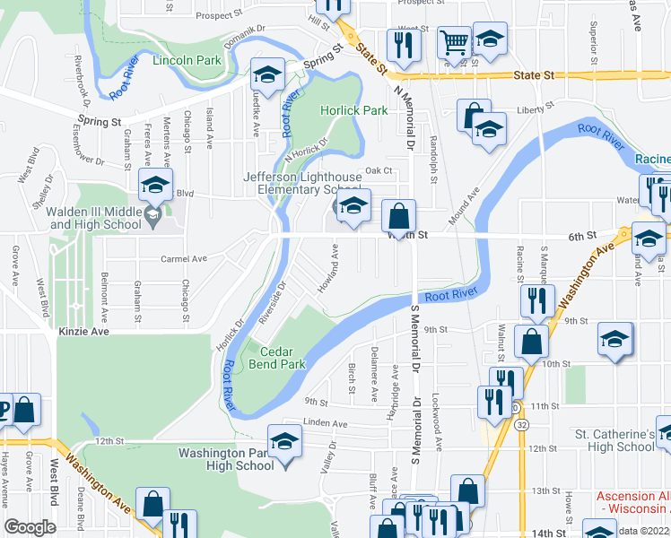 map of restaurants, bars, coffee shops, grocery stores, and more near 211 Howland Avenue in Racine