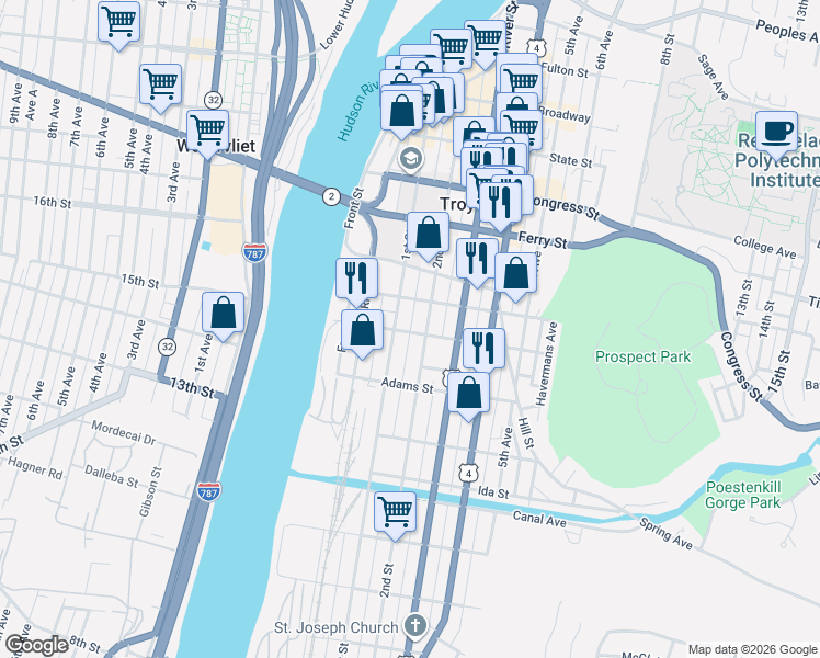 map of restaurants, bars, coffee shops, grocery stores, and more near 183 2nd Street in Troy