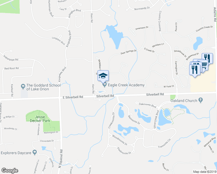map of restaurants, bars, coffee shops, grocery stores, and more near 3739 Kern Rd in Oakland Charter Township