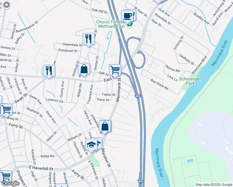 map of restaurants, bars, coffee shops, grocery stores, and more near 34 Merrimack Street in Methuen