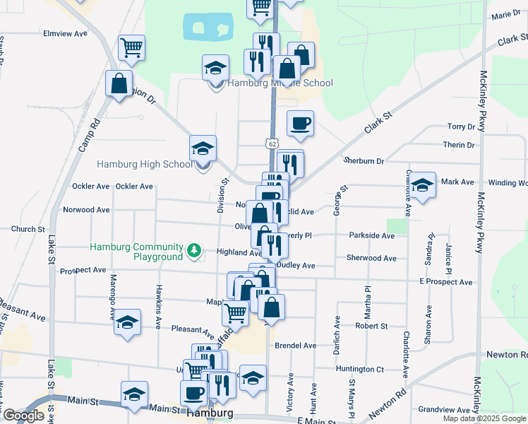 map of restaurants, bars, coffee shops, grocery stores, and more near 23 Oliver Place in Hamburg