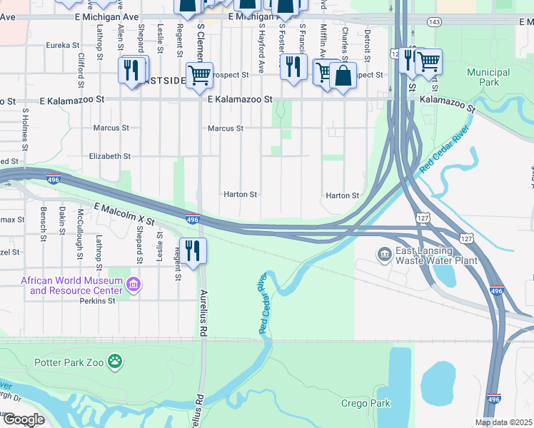 map of restaurants, bars, coffee shops, grocery stores, and more near 730 South Hayford Avenue in Lansing