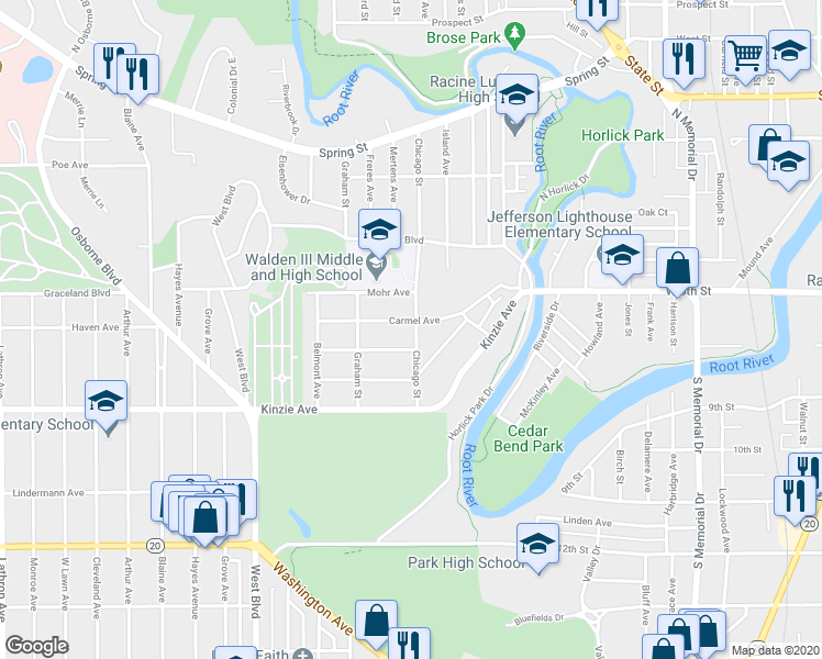map of restaurants, bars, coffee shops, grocery stores, and more near 2301 Carmel Avenue in Racine