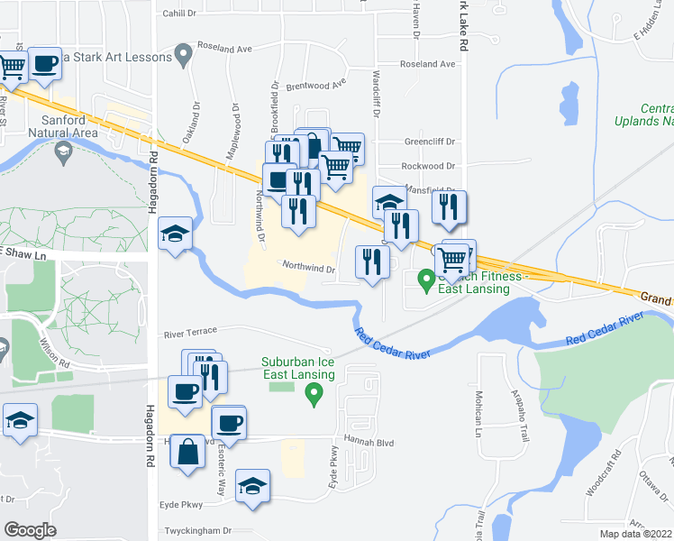 map of restaurants, bars, coffee shops, grocery stores, and more near 2761 Northwind Dr in East Lansing