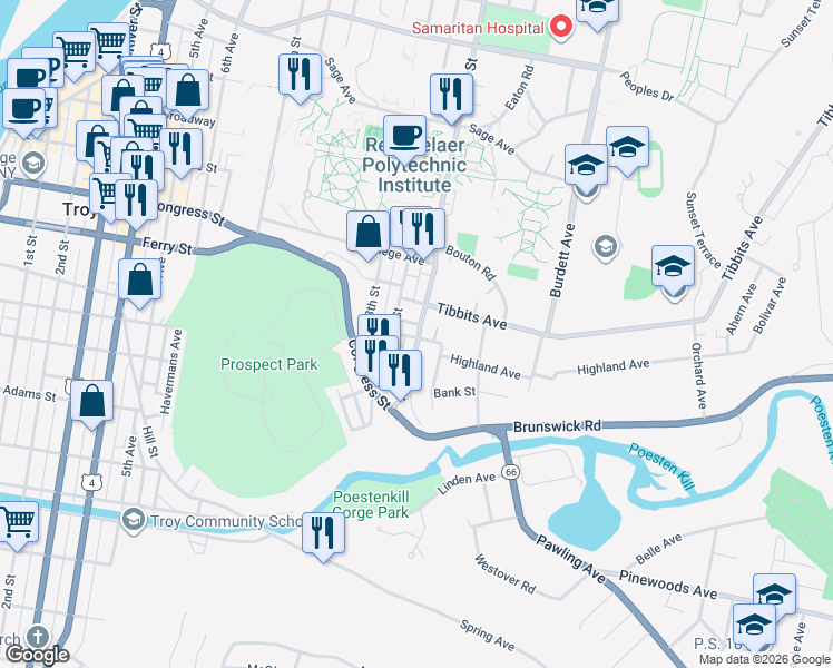map of restaurants, bars, coffee shops, grocery stores, and more near 1328 15th Street in Troy