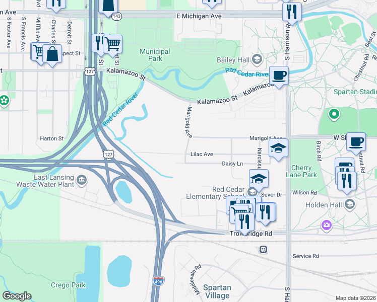 map of restaurants, bars, coffee shops, grocery stores, and more near 1251 Lilac Avenue in East Lansing