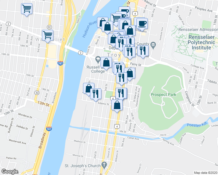 map of restaurants, bars, coffee shops, grocery stores, and more near 254 Washington Street in Troy