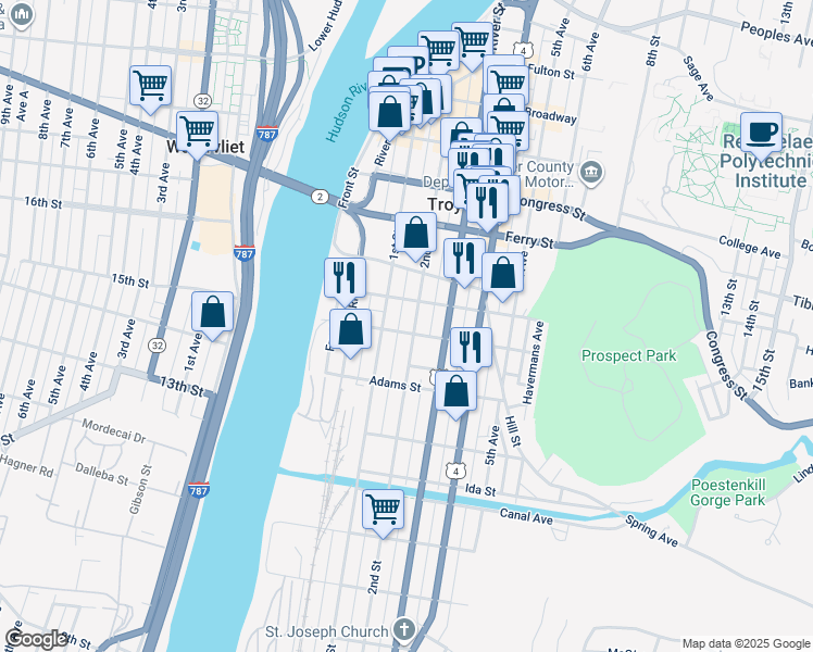 map of restaurants, bars, coffee shops, grocery stores, and more near 183 2nd Street in Troy