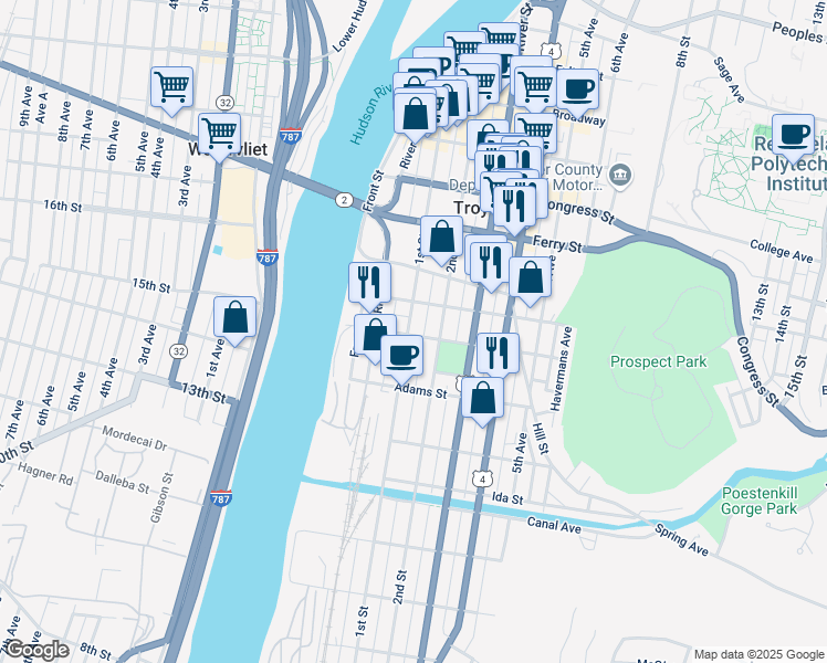 map of restaurants, bars, coffee shops, grocery stores, and more near 183 2nd Street in Troy
