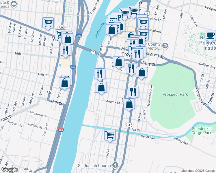 map of restaurants, bars, coffee shops, grocery stores, and more near 32 River Street in Troy