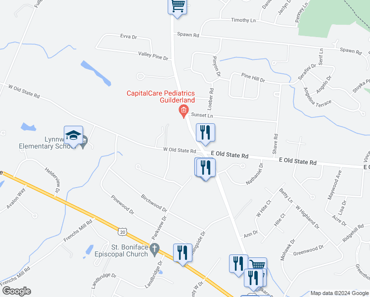 map of restaurants, bars, coffee shops, grocery stores, and more near 2984 West Old State Road in Schenectady