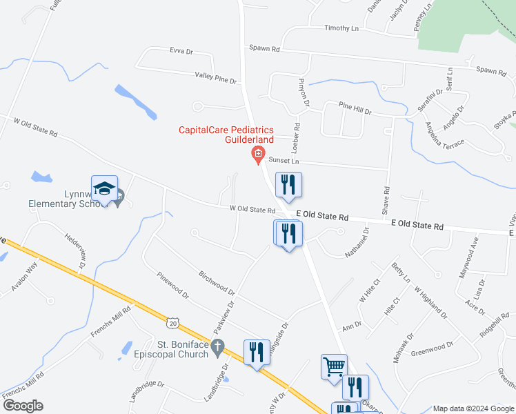 map of restaurants, bars, coffee shops, grocery stores, and more near 2984 West Old State Road in Schenectady