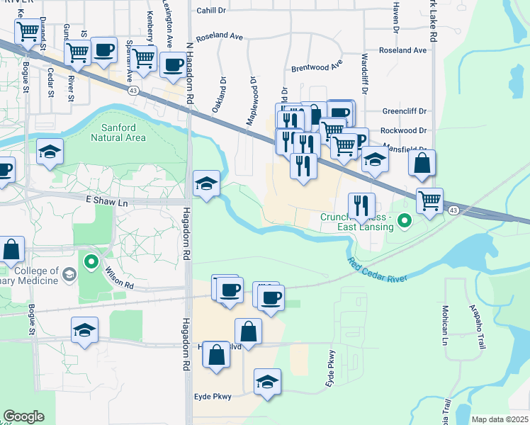 map of restaurants, bars, coffee shops, grocery stores, and more near 2900 Northwind Drive in East Lansing