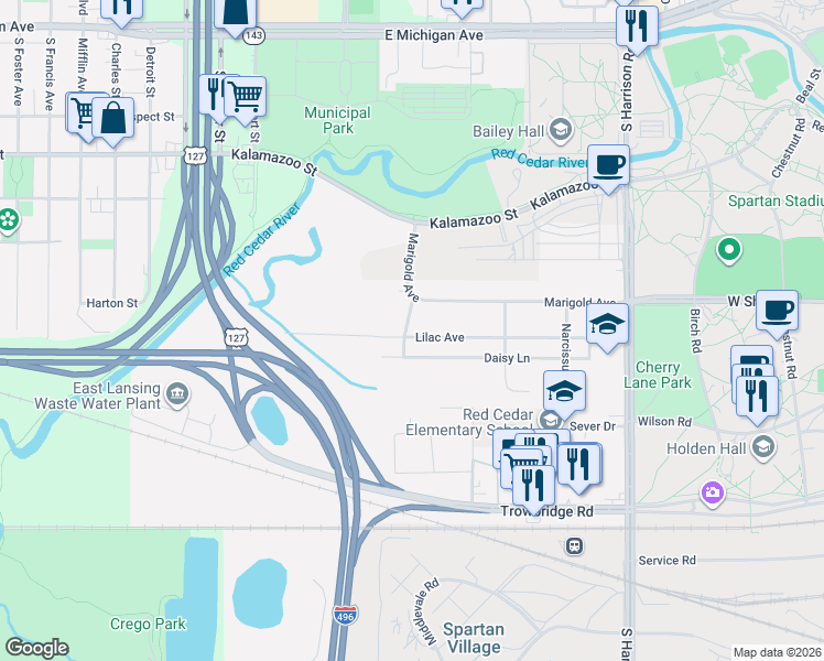 map of restaurants, bars, coffee shops, grocery stores, and more near 1251 Lilac Avenue in East Lansing